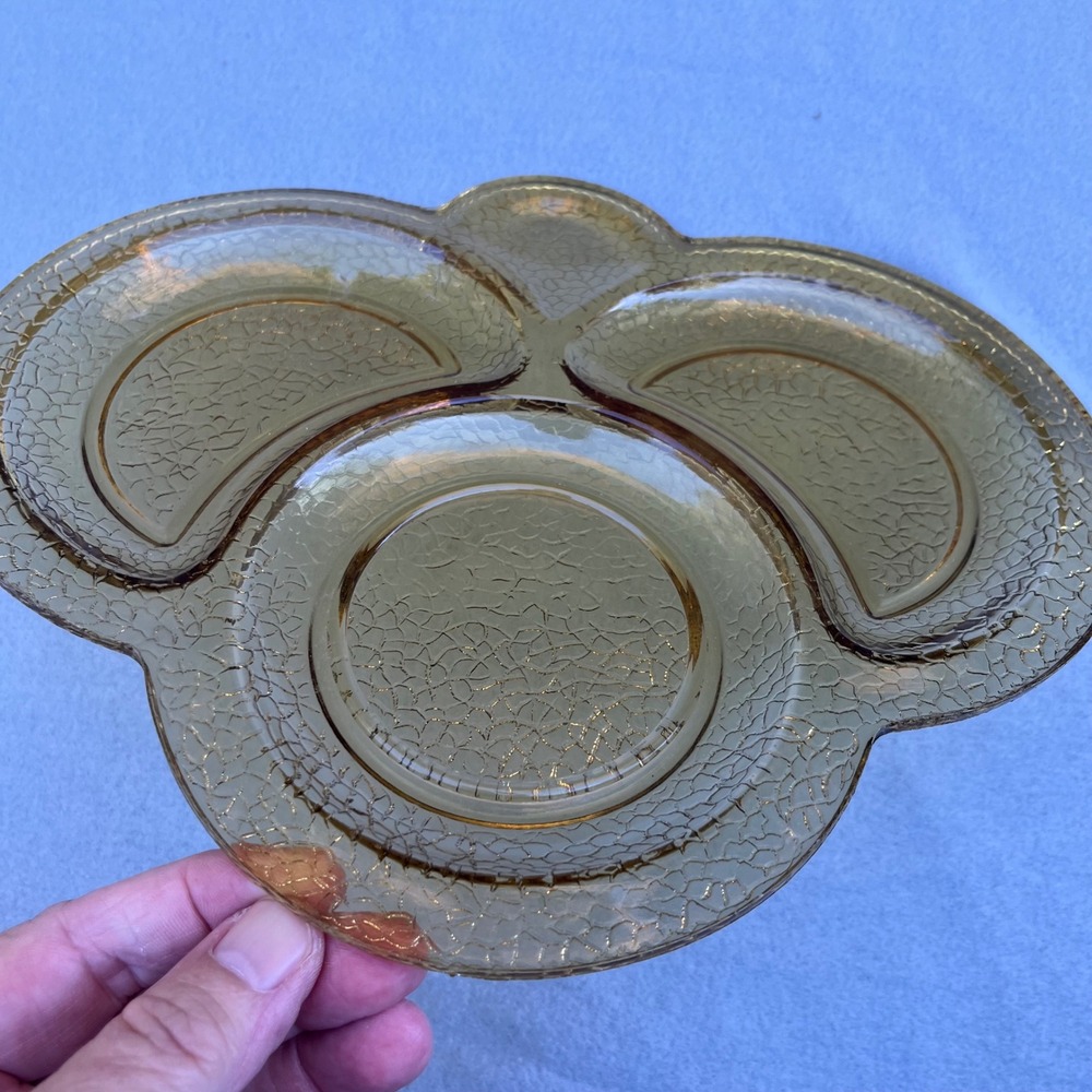 Vintage Amber Glass 3 Compartment Grill Plate Textured Crackle Finish 9 Inch